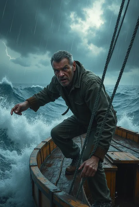 A scared man at sea during a storm

