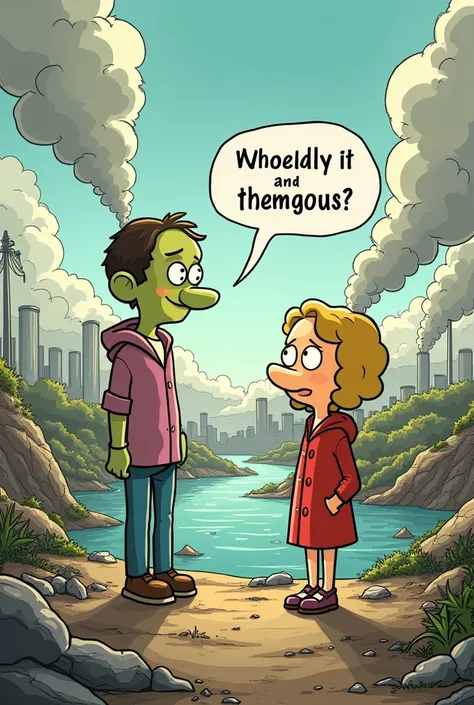 Create a cartoon where there is an ironic dialogue about global warming and drainage; the background needs to show how polluted the world is. 