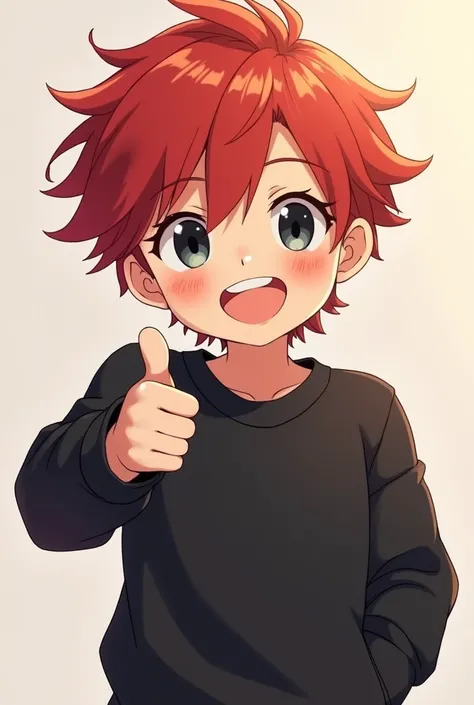 Make a cute male anime character with big cheeks and red hair wearing a black sweatshirt with black eyes and smiling giving a thumbs up make him the menhera-boy style