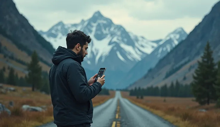 A creator looking at their phone with fluctuating likes and follower counts, standing at a crossroads with one path leading uphill, symbolizing challenges and perseverance.