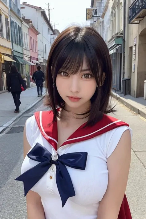 One Girl, (beautiful girl, Delicate girl:1.3), (:1.3),
break, (Sailor Warriors:1.2), Purple ribbon,Red sailor suit、
break, (Street Snap:1.2),
break, Very beautiful eyes, (Symmetrical eyes:1.3),
break, Huge breasts, Brown eyes, Parted bangs, Brown Hair, (Up...