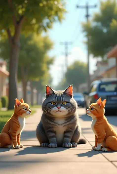 In 3D style cat. "A chubby gray tabby cat named Max sits sadly on the sidewalk of a sunny suburban neighborhood. Three lean, sleek cats surround him, smirking and teasing. Maxs head hangs low in embarrassment. The setting includes trees, a few parked cars,...