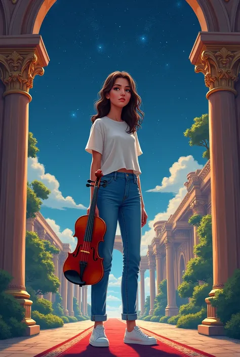 make a novel cover with illustrations A girl in modern clothes holding a musical instrument (such as a violin or a digital piano) contrasts with an ancient royal background. The background could be a grand palace or a royal garden with a starry night sky. 