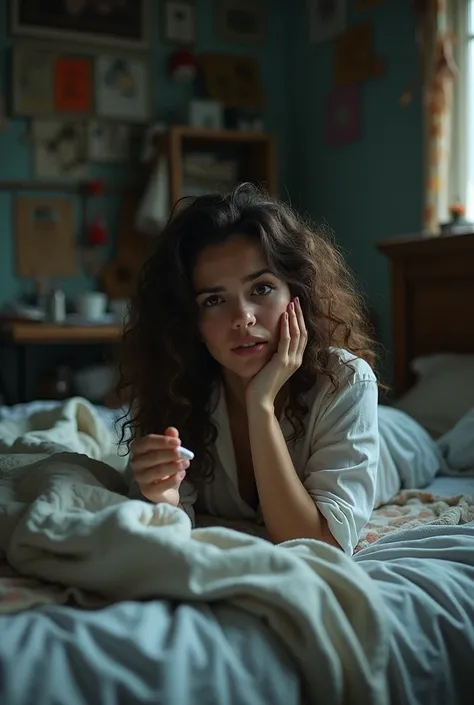 1 woman, A curly-haired brunette in her very messy room with a pill in her hand lying on her bed and her face worried. The image is seen from a distance where the whole piece can be seen., That same image but with a worried face 