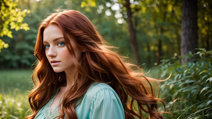 Beautiful redhead with long wavy hair, wearing a soft teal dress, green eyes, intricate details in hair and skin, photorealistic, outdoor nature background, Canon 85mm, soft natural lighting.