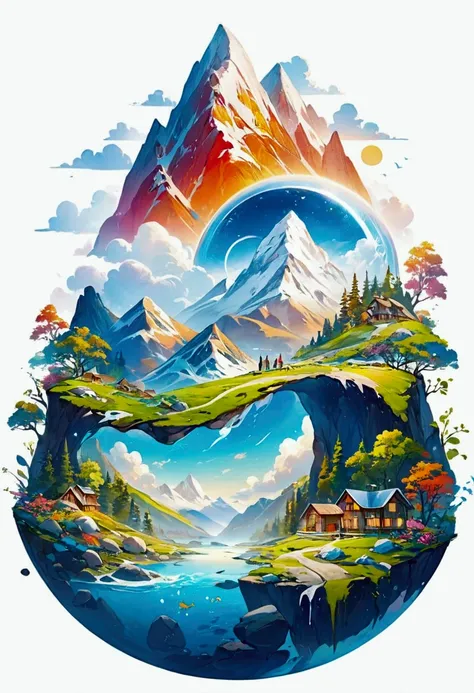 In the future, people will learn to live in harmony with nature, inspiring new forms of art that celebrate the beauty and diversity of the natural Mountain world, white background