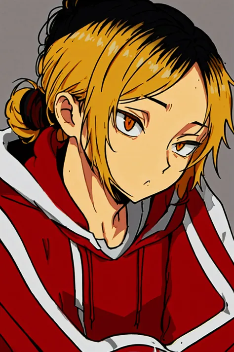 a girl in a big red hoodie , long hair in a messy bun , golden color eyes , cute , anime