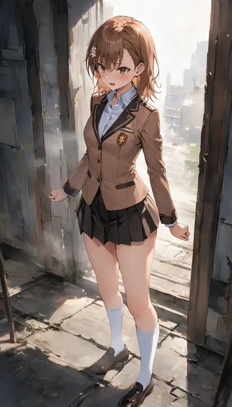 Ultra-high definition image quality、beautiful girl、Misaka Mikoto、high school girl、A Certain Scientific Railgun 、Brown blazer uniform、Short pleated skirt、Schoolyard、Highest quality,Stand with your feet apart、Model standing、A sharp face、4K quality、Ultra HD、W...