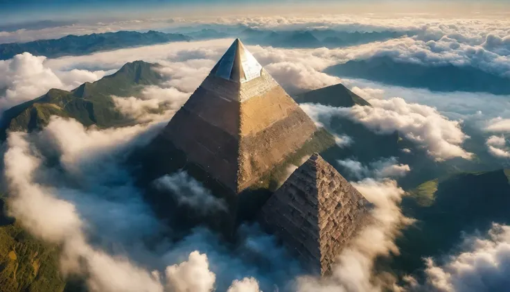 aerial view of giant pyramid mountain towering above the cloud, natural light, symmetrical pyramid, (extremists wide angle:1.5),...