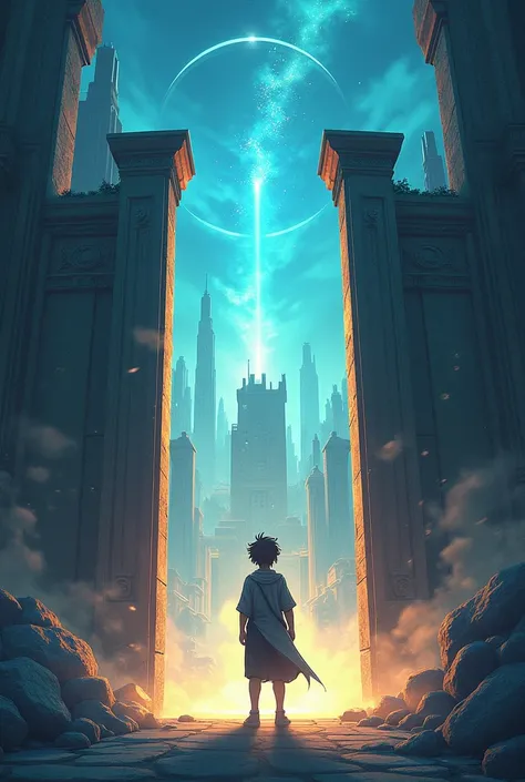 make a novel cover with illustrations A large gate, half of which shows the modern world with technology (such as a city with skyscrapers) and the other half shows the ancient kingdom world with stone pillars or a magnificent castle. In front of the gate, ...