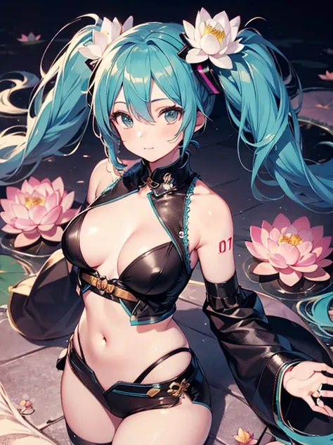 (Lotus flower:1.2), Hatsune Miku, highest quality, 1girl, ccurate, (masterpiece), uhd, retina, anatomically correct, textured skin, super detail, high details, high quality, best quality, highres, 16K