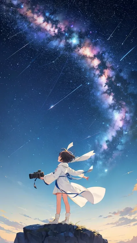 Shooting stars under the vast starry sky　Infinite possibilities and a spirit of adventure　A  looks up at the sky、look up　Back view