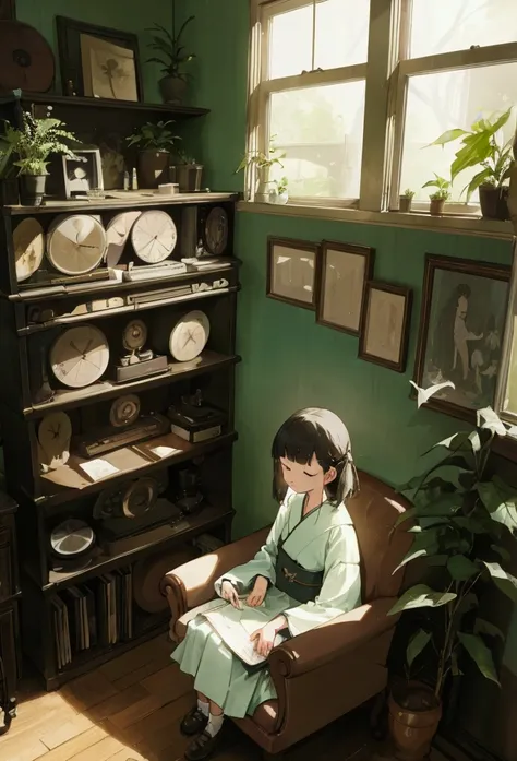 a room ,high resolution, brightly,A calm and lo-fi girl sitting near a window with soft sunlight coming in, Dive into the music, A vintage room filled with records and plants, Evokes a feeling of nostalgia and relaxation, peace and sense of harmony, 人物, di...