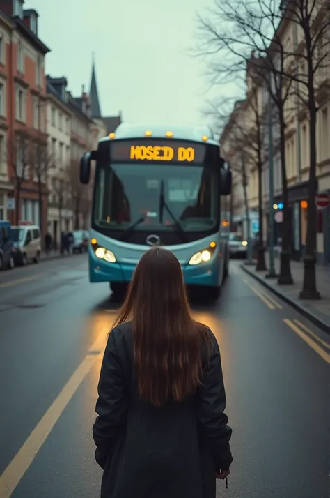 female person missing the bus, that the bus is visible in the entire image
