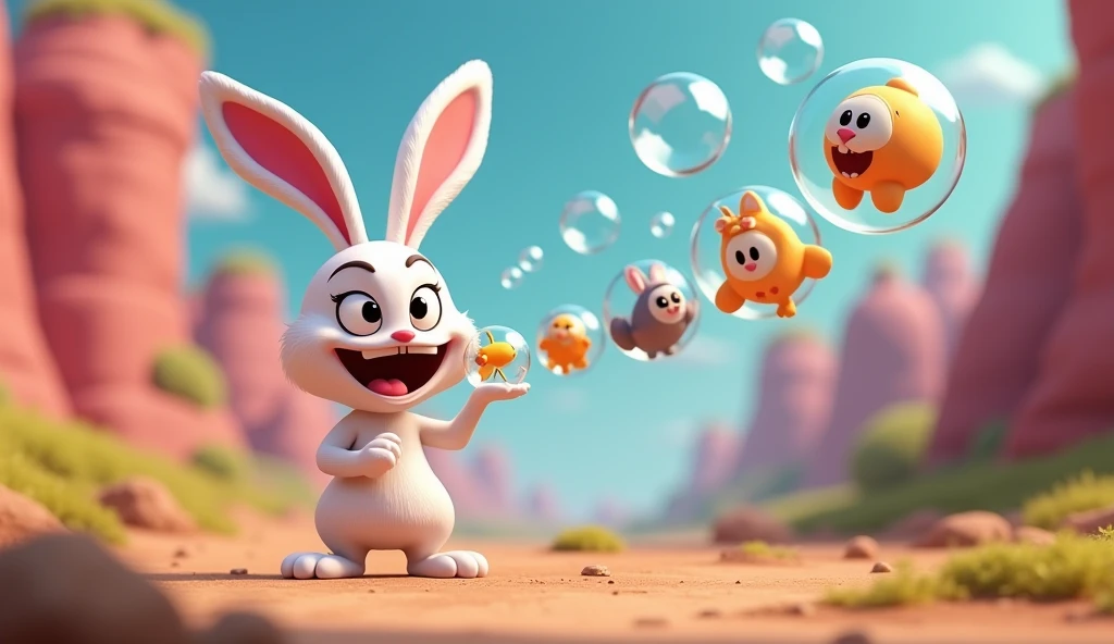  Benny the white rabbit blows more bubbles, each one doing something wacky .3d cartoon