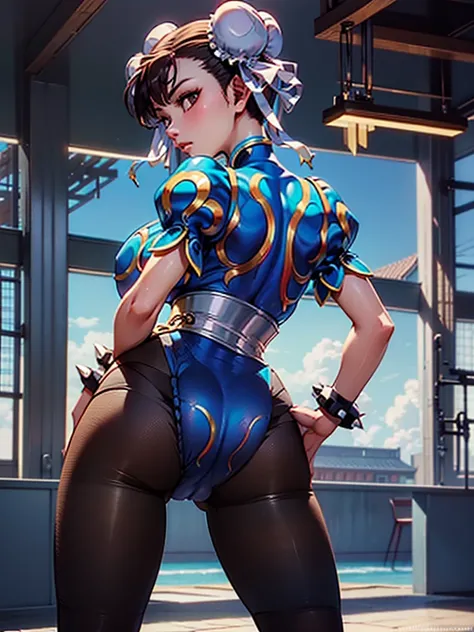 Mongolian Girl, 12, Chun Li Outfit, Leotard, (((Facing Backwards, left hand on buttocks)))