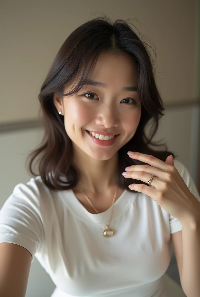 masterpiece,1 beautiful japanese woman, full body, walking in a ginza-tokyo, pale skin, large breasts, single eyelids, age:35, moderate, Contented ,（（dark color t-shirt））, white-Maxi Skirt , necklace, wedding ring, hyper detailed, 8k, photorealistic, profe...