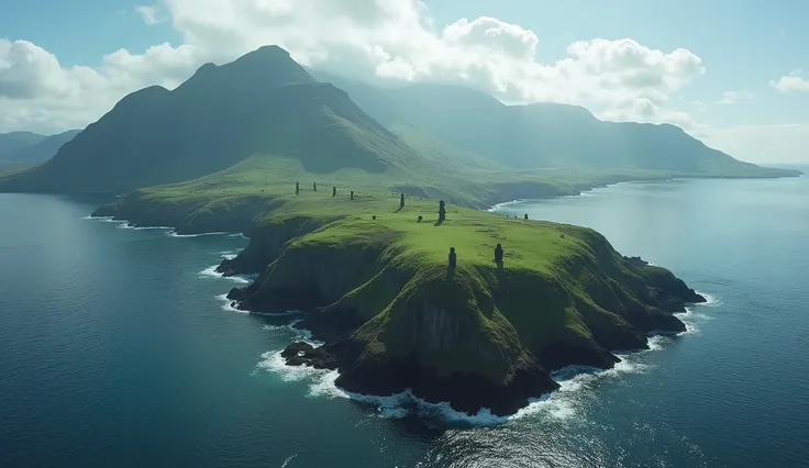 Aerial View,Broad perspective,Fujie Island appears among the mountains,You can see several statues on Easter Island,High-altitude photography