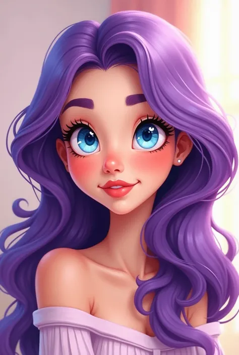 Purple hair girl blue eye fair skin expressing boredom happier cartoon