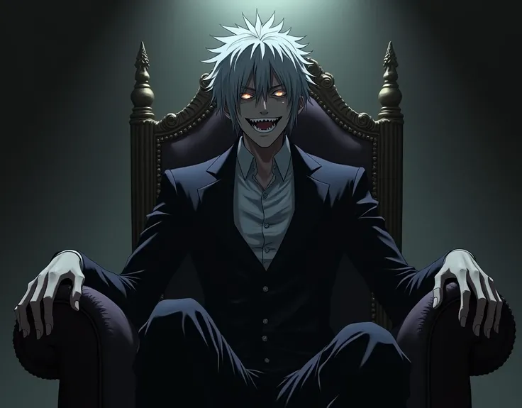 Kira siting on chair like king attitude and laughing with horrible smile
from death note 