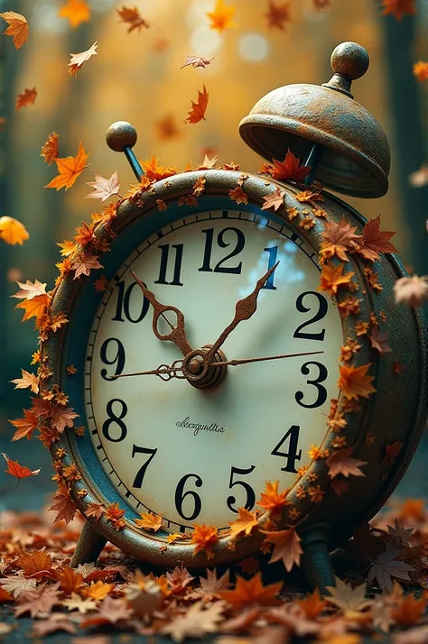 Image alluding to Alzheimer&#39;s disease, Lively, with autumn leaves and the clock from Dali&#39;s work: the persistence of memory. Imagen completa para powerpoint de canva. 