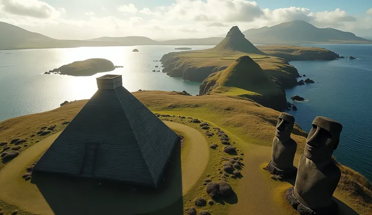 Aerial View,Broad perspective,Pyramids appear on the island of Fujie,You can see several statues on Easter Island,High-altitude photography