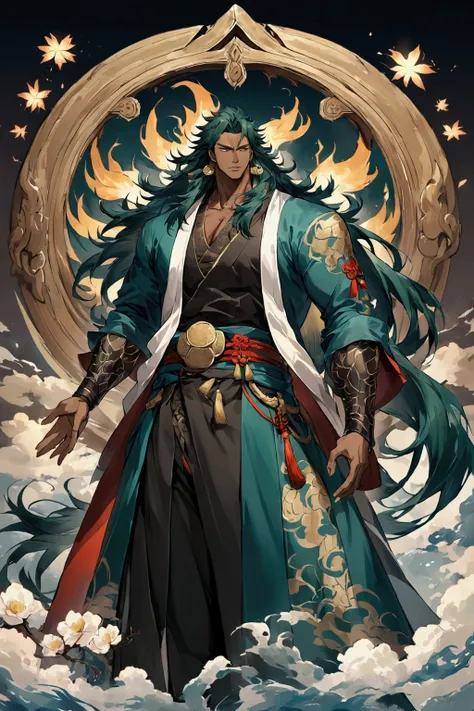 character design, black male, curly longhair, Cao Cao, stark, charismatic
