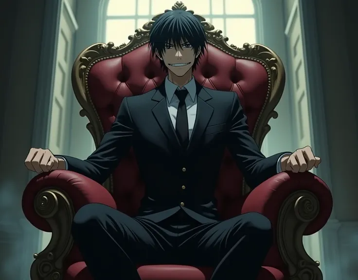 Kira siting on chair like king attitude and smile
from death note 