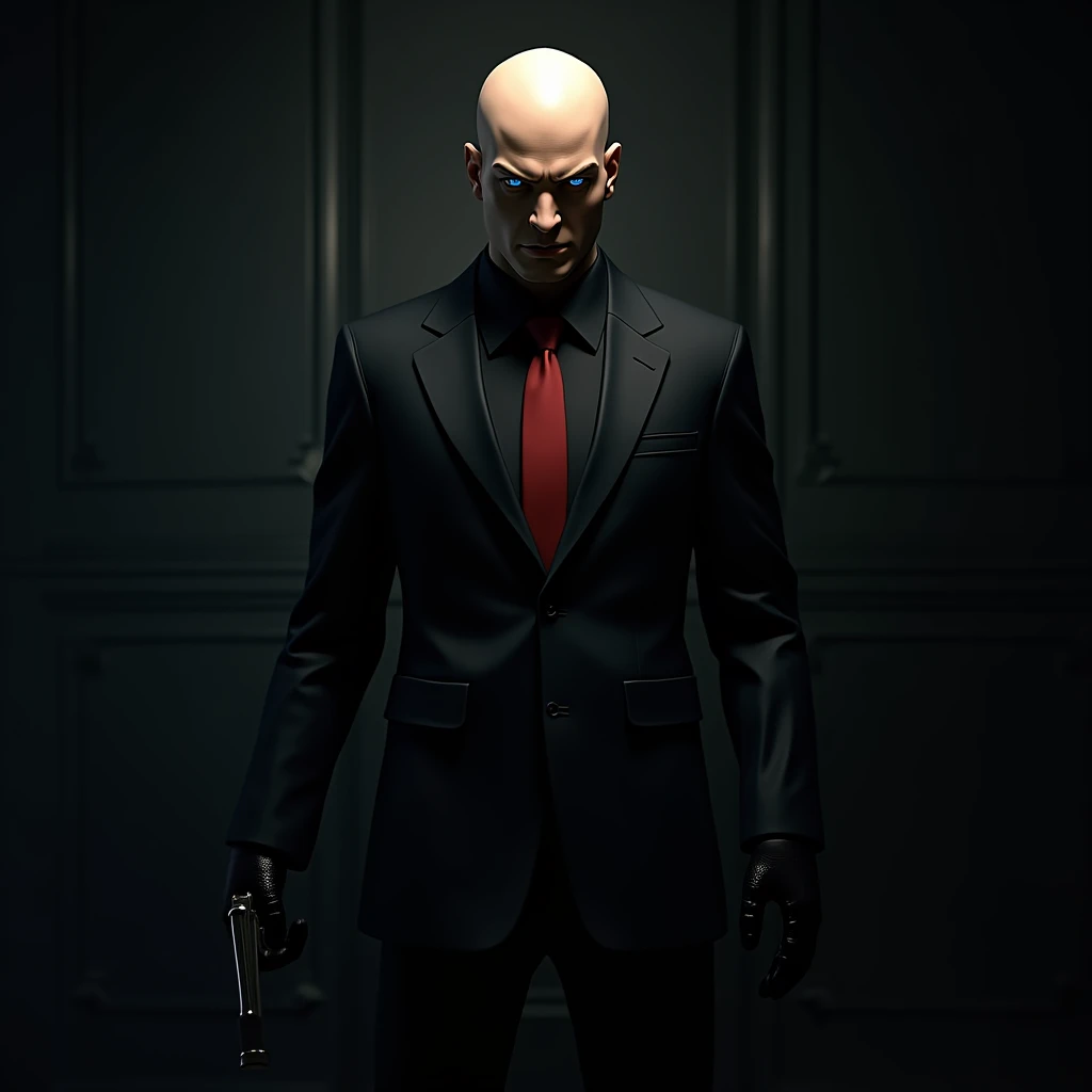 ChatGPT

You said:
A tall, slender male figure resembling the iconic character Agent 47 from the Hitman series. He is dressed in a sharp, black suit with a red tie, and his expression is cold and calculating. He has a clean-shaven head and piercing blue ey...