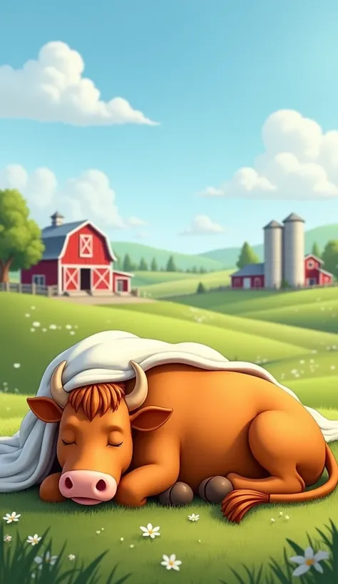 orange cow lying down sleeping covered by a sheet in the background a farm 