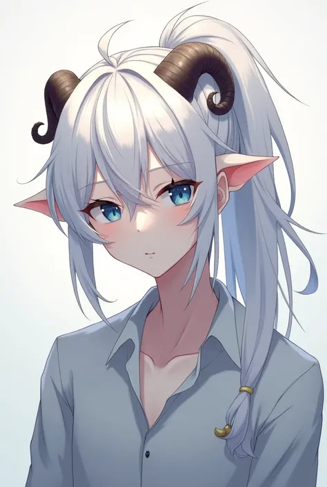  young 1 anime man with white skin and light dark circles, long messy white hair tied in a ponytail, blue eyes, with lamb ears low on its head and small calf horns ,man