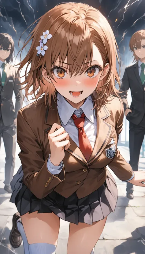 Ultra-high definition image quality、beautiful girl、Misaka Mikoto、high school girl、A Certain Scientific Railgun 、Brown blazer uniform、Short pleated skirt、Schoolyard、Highest quality,Stand with your feet apart、Jump、A sharp face、4K quality、Ultra HD、White knee ...