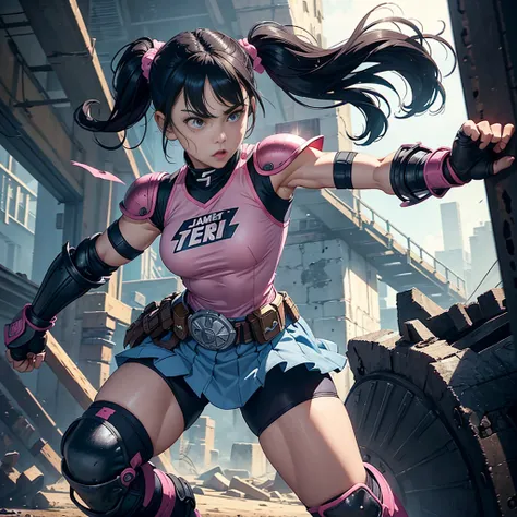 Woman warrior、gloves、Fight、Utility Belt、Kick、evening、Dust、ruins、anger、shout、Trained biceps、Twin tails、(Pink jersey)、Shingard、Knee pads、Shoulder Armor、Chest Armor、head band、Denim skirt、tights、Black Hair、Elbow pads、Realistic