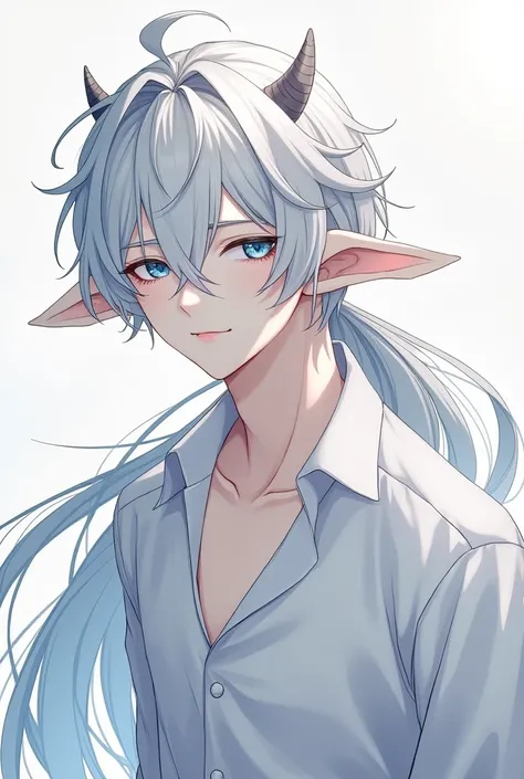  young 1 anime man with white skin and light dark circles, long messy white hair tied in a ponytail, blue eyes, with lamb ears low on its head and small calf horns ,man