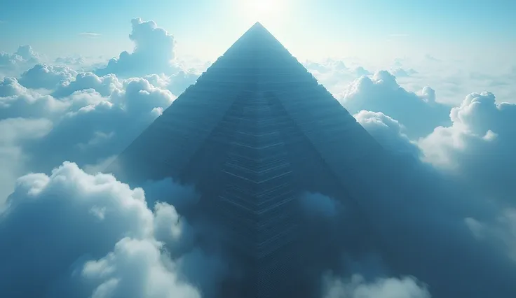 Aerial View of Giant Pyramid Mountain towering above the cloud, Natural light, Symmetrical Pyramid, (Extremists wide angle:1.5), fisheye photo, ((Aerial View):1.2), ((Extremely high feeling):1.1), highly detailed cloud and sky at background, (tyndall effec...