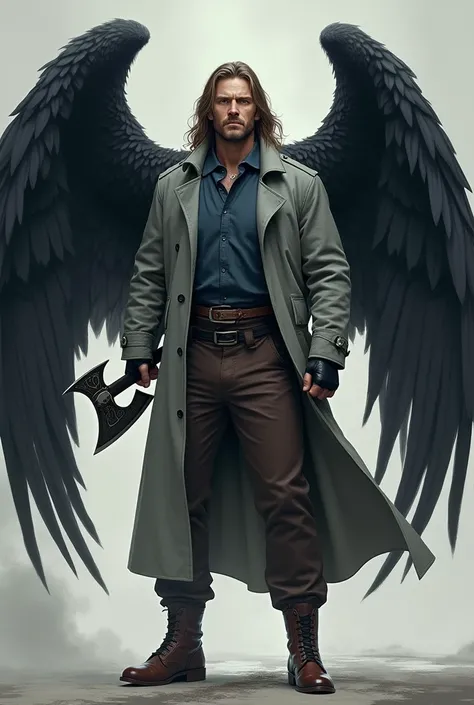 A  white well built long haired man, clad  in a grey trench coat, blue shirt  brown pants with brown leather poined shoes and black  short fingered leather gloves ,holding a large legendary designed two edged axe with  huge gigantic black eagle wings protr...