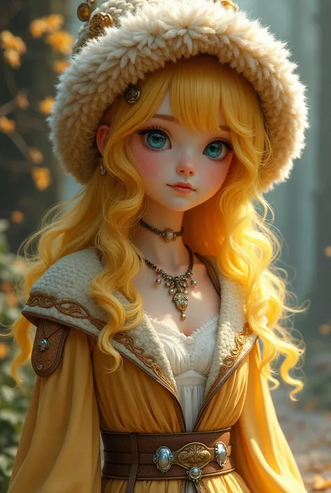 Young woman with yellow hair in fluffy outfit and fluffy hat, Fantasy character art, Awesome character art, Epic fantasy character art, HD fantasy art, Epic exquisite character art, Realistic fantasy artwork, Fantasy woman, Epic fantasy art style HD, Fanta...