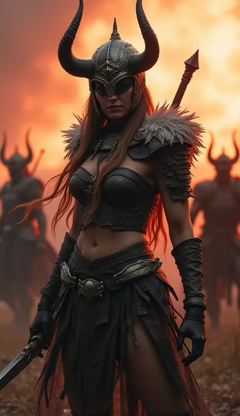 A stunning female lead character in a medieval-style combat outfit, featuring intricately detailed short leather armor adorned with feathers and bone decorations. Her face is obscured by a horned helmet, exuding an aggressive and battle-ready demeanor. The...