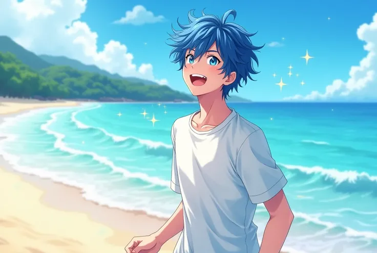 Blue Hair/Light blue hair, blue eyes, Sparkle Effect, anime, solo, laughing, Ocean,Sandy Beach,male,youth,Wave Background,Diagonally to the side,Mash Hair,White T-shirt,View-view pose,Clear skies,