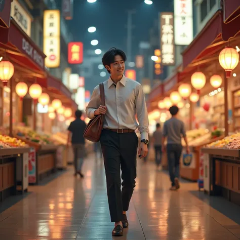 a young man, shorty black hairstylish, wear gentleman elite clothes long pant clothes, wear loafers shoes, walked on middle mall while fashion stylish, natural, sweetly smile, graceful, at night, lighting lamps, shoulder bag, real hyper, real human japanes...