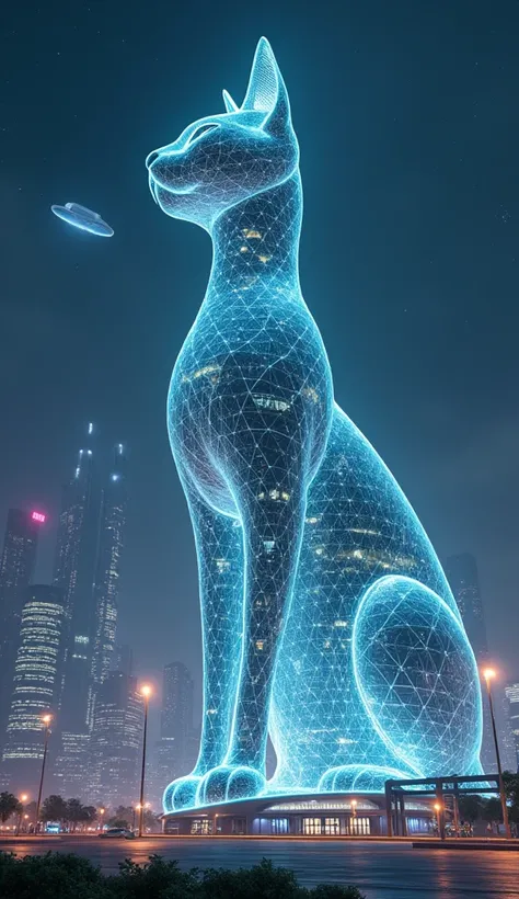 A tall glass building, taller than sky scrapers in shape of a cat, in futuristic city at night