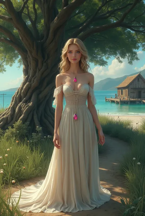 Create on an island, a blonde lady with a necklace with a ruby stone shining around her neck, under a century-old tree and a simple, old house next to the tree
