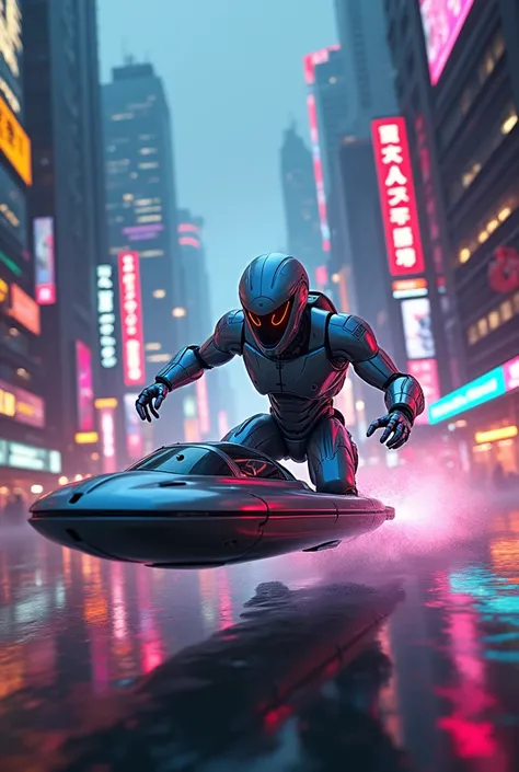 A robot is racing on a hoverboard through a neon-lit cyberpunk city at night.