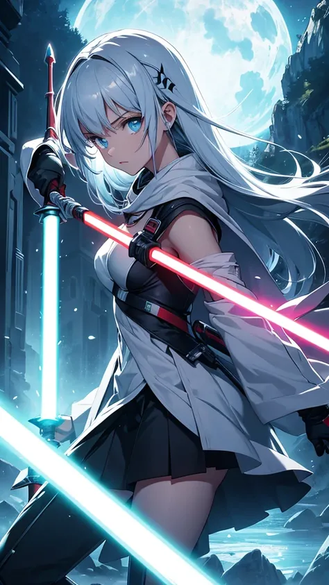 light_saber, holding sword, holding weapon, dual, wielding, energy sword, battle, glowing sword, glowing weapon, 1girl