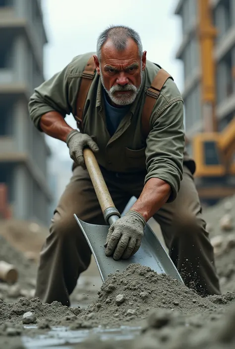 Gambar hyperrealistic, a man shoveling cement using a shovel