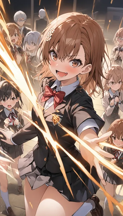 Ultra-high definition image quality、beautiful girl、Misaka Mikoto、high school girl、A Certain Scientific Railgun 、Brown blazer uniform、Short pleated skirt、Schoolyard、Highest quality,Stand with your feet apart、Jump、A sharp face、4K quality、Ultra HD、White knee ...