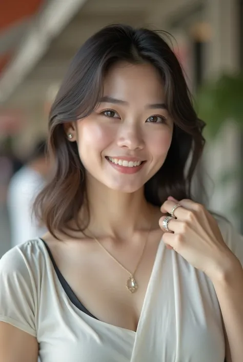 masterpiece,1 beautiful japanese woman, full body, walking in a ginza-tokyo, pale skin, large breasts, single eyelids, age:35, moderate, Contented ,（（dark color t-shirt））, white-Maxi Skirt , necklace, wedding ring, hyper detailed, 8k, photorealistic, profe...