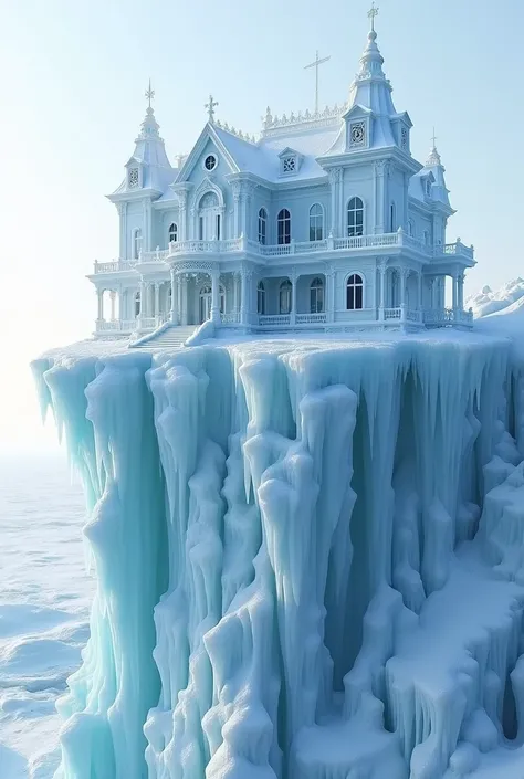 masterpiece、 Highest quality、 Highly detailed、8k、 High resolution、Ice carved house on ice cliff、