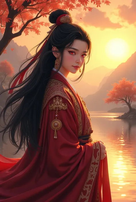 1 young man, an emperor, red eyes, long black hair, cool ancient emperor, elaborate royal robes
BREAK
golden hour, (rim lighting):1.2, warm tones, sun flare, soft shadows, vibrant colors, painterly effect, dreamy atmosphere
BREAK
scenic lake, distant mount...