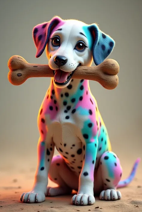 Realistic rainbow fur Dalmatian dog with a bone in his snout